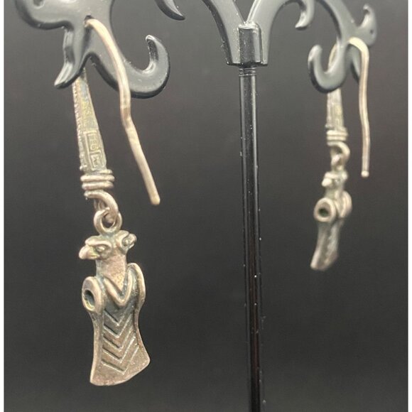 Vintage 925 Silver MK 925 Earrings Bird Totem Aztec Pre Columbian Inspired 1.75" - Picture 4 of 8
